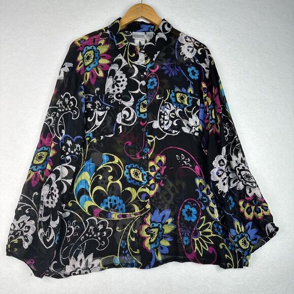 Chico's Womens Silk Blouse Black Floral Size 3 (XL/16) Long Sleeve Button Up - Picture 16 of 16